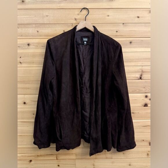 Eileen Fisher Size Large Chocolate Brown Open Front Goat Suede Blazer Jacket - Picture 1 of 15